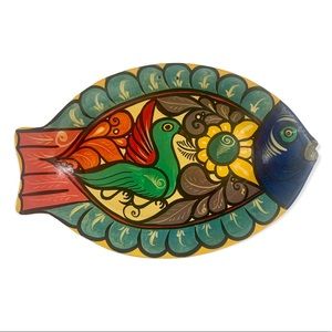 Mexican Pottery Fish Dish w/ Birds and Flowers Colorful & Hand-painted Ceramic